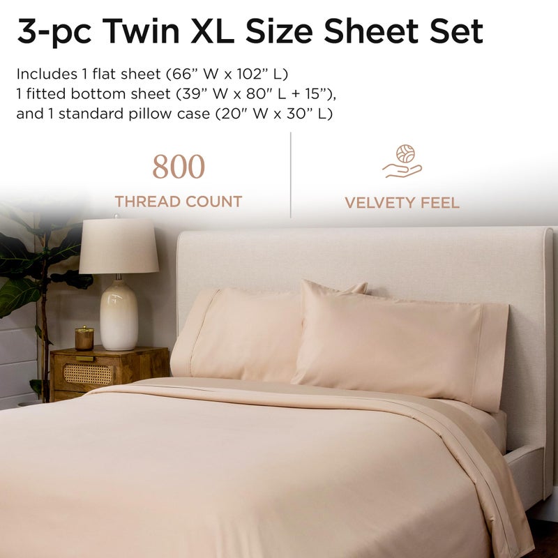Threadmill Luxury 800 Thread Count 100% Cotton Sheets - Sateen Weave Twin XL Bed-Sheets, Better Than Egyptian Cotton,3 Pc Solid Soft Bedding Set (Light Beige), Fits 15" Deep Pocket - Image 2